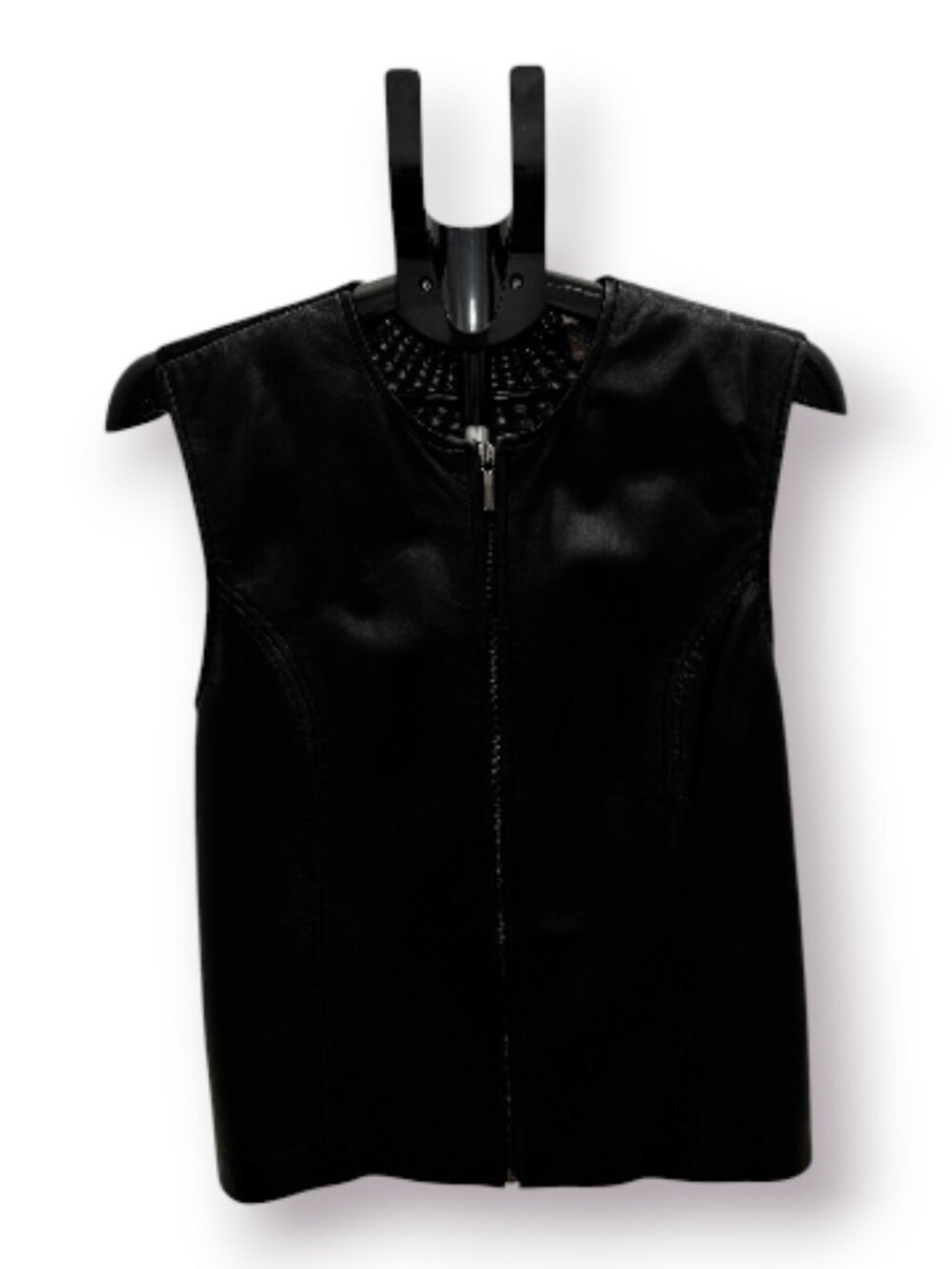 Valerie Separates Black Leather Merino Wool Zip Up Vest Size Large GUC w/Flaw